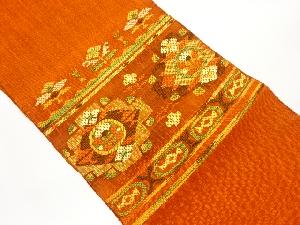 手織り紬変わり織横段に草花模様織出し名古屋帯